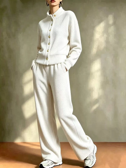 Waffle Knit Button-Up Outerwear and Wide-Leg Pants Set