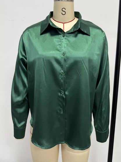 Satin Button-Down Long Sleeve Shirt