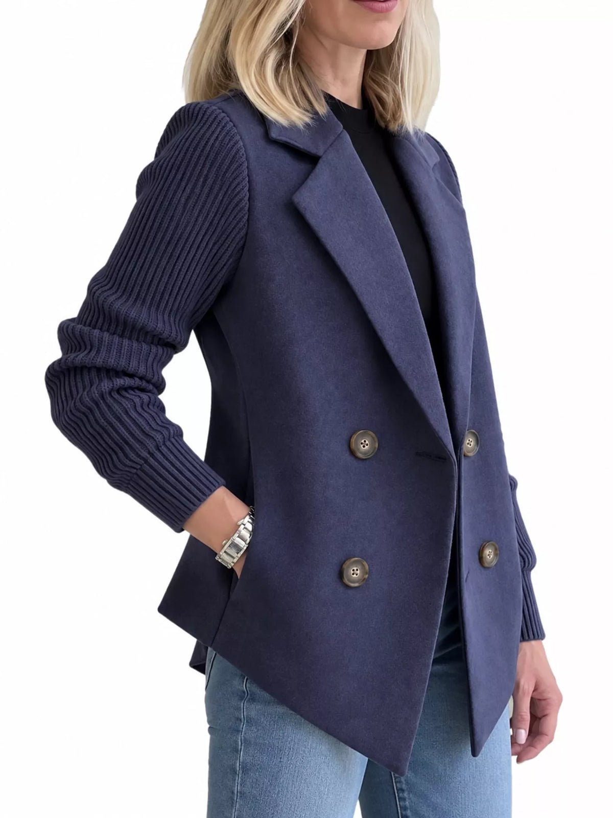 Full Size Double-Breasted Hybrid Blazer with Ribbed Knit Sleeves Plus Size