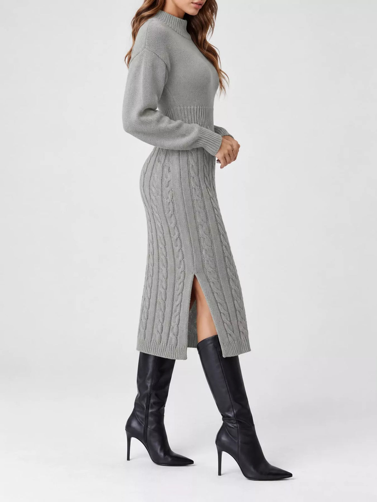 Full Size Mock Neck Cable Knit Sweater Dress with Front Slit Plus Size