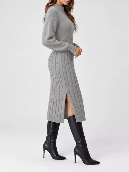 Full Size Mock Neck Cable Knit Sweater Dress with Front Slit Plus Size