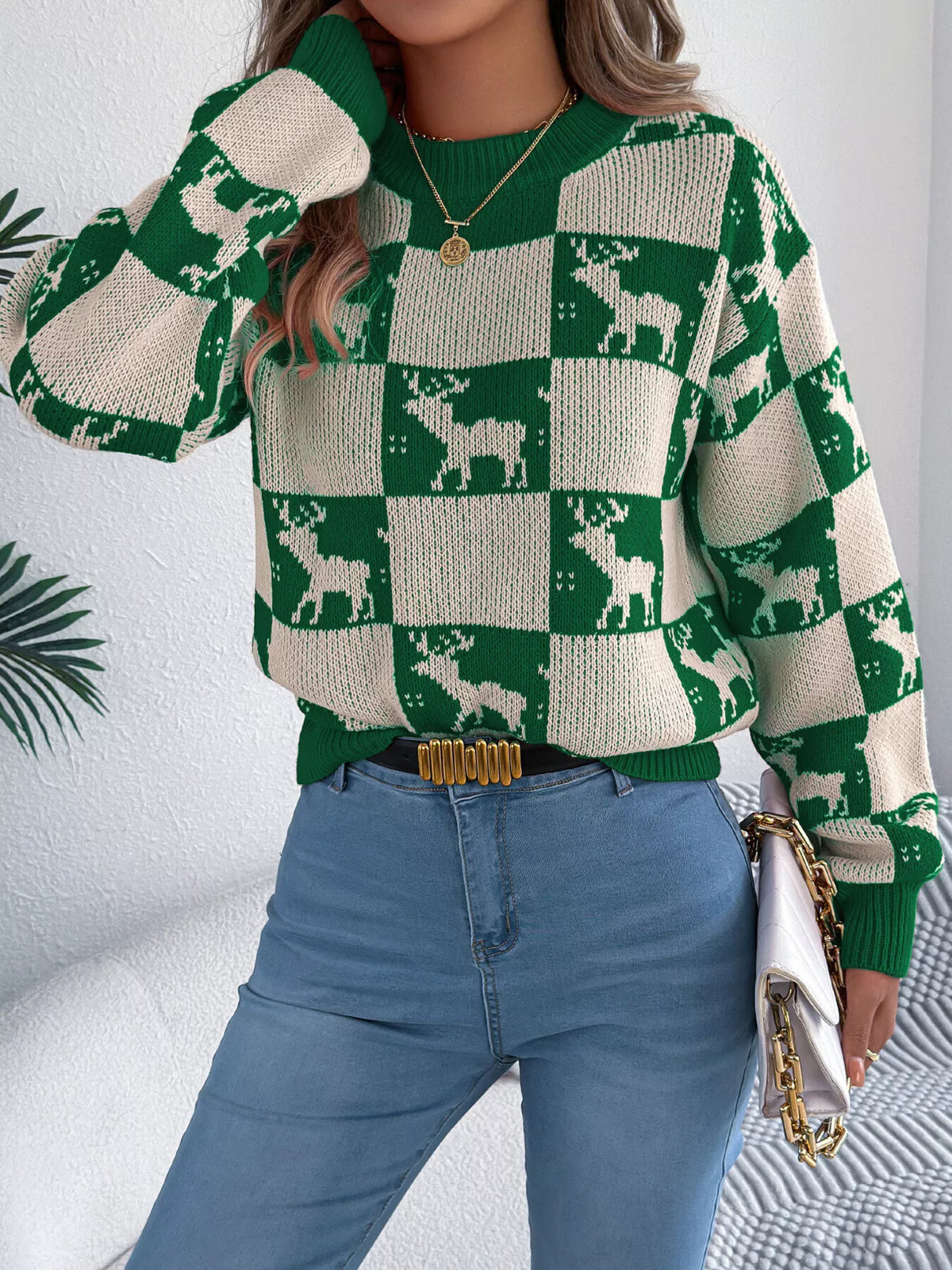 Reindeer Checkerboard Pattern Pullover Sweater