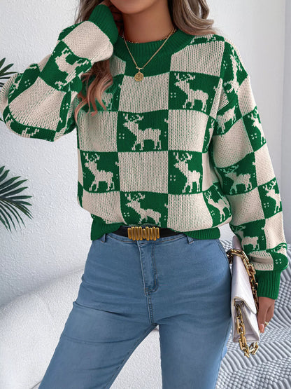 Reindeer Checkerboard Pattern Pullover Sweater