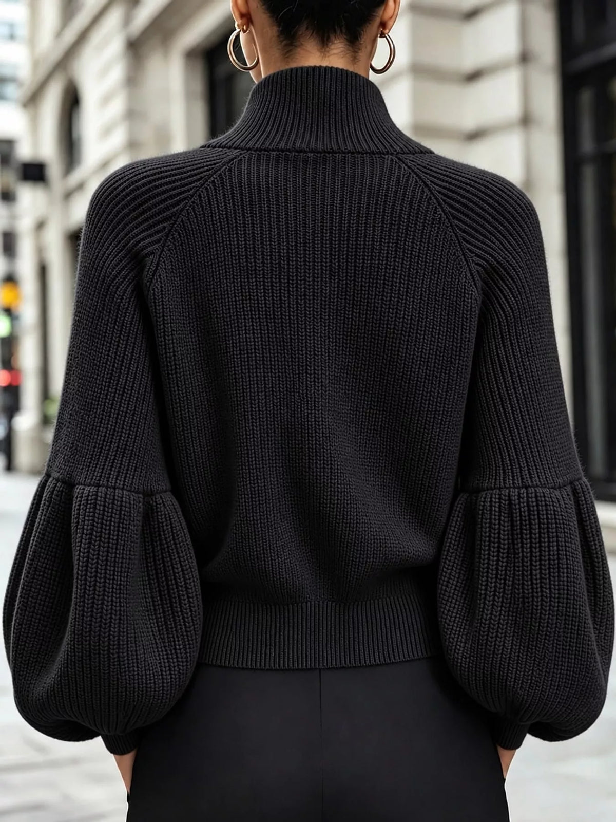 Full Size Elegant Ribbed Knit Zip-Up Cardigan with Lantern Sleeves Plus Size