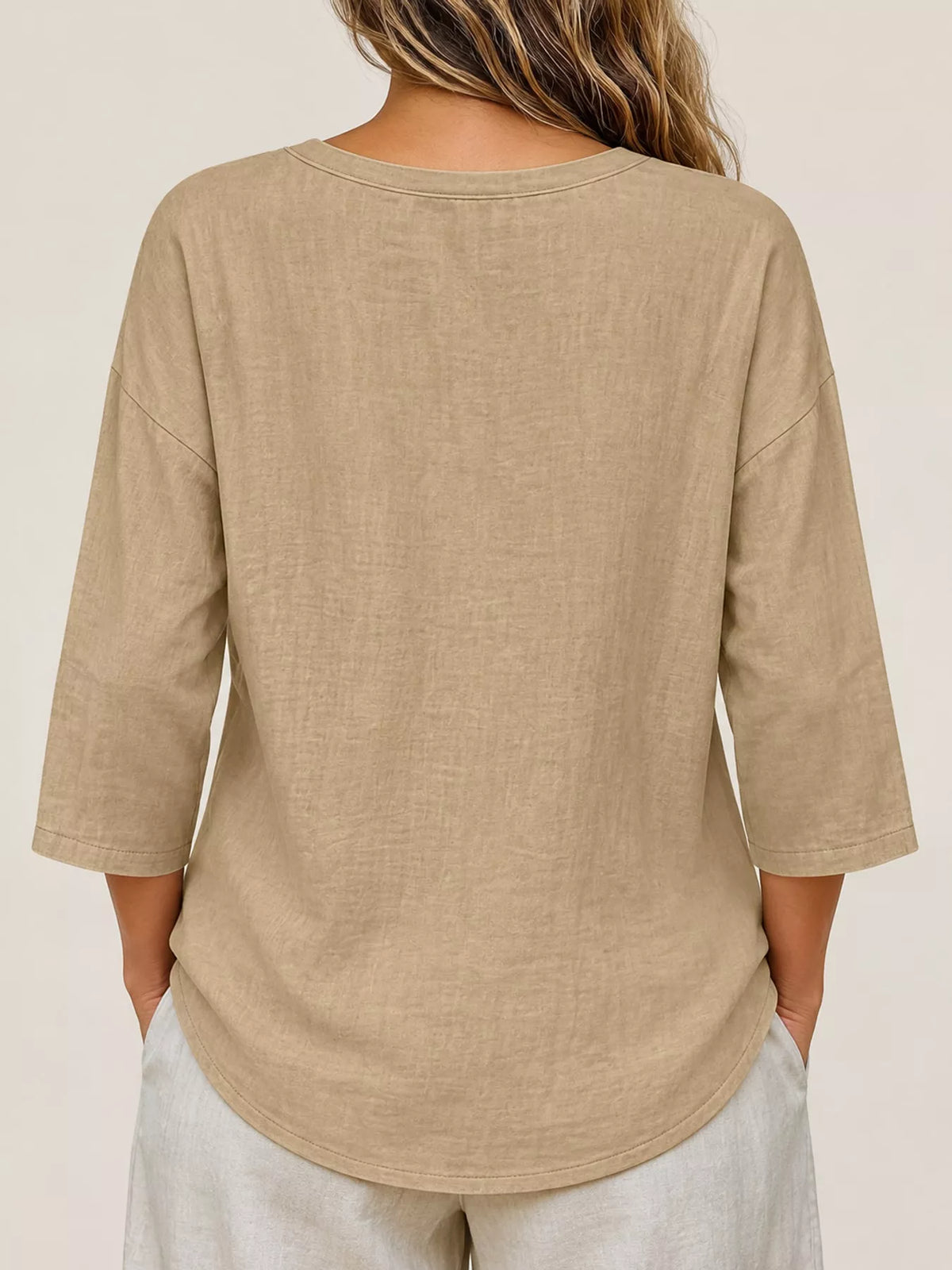 Full Size Button Detail Notched 3/4 Sleeve Blouse Plus Size