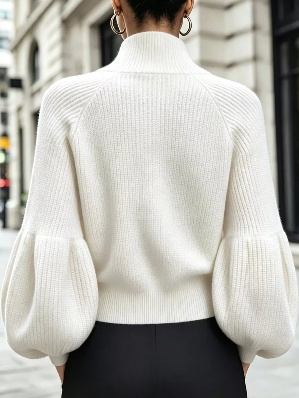 Full Size Elegant Ribbed Knit Zip-Up Cardigan with Lantern Sleeves Plus Size