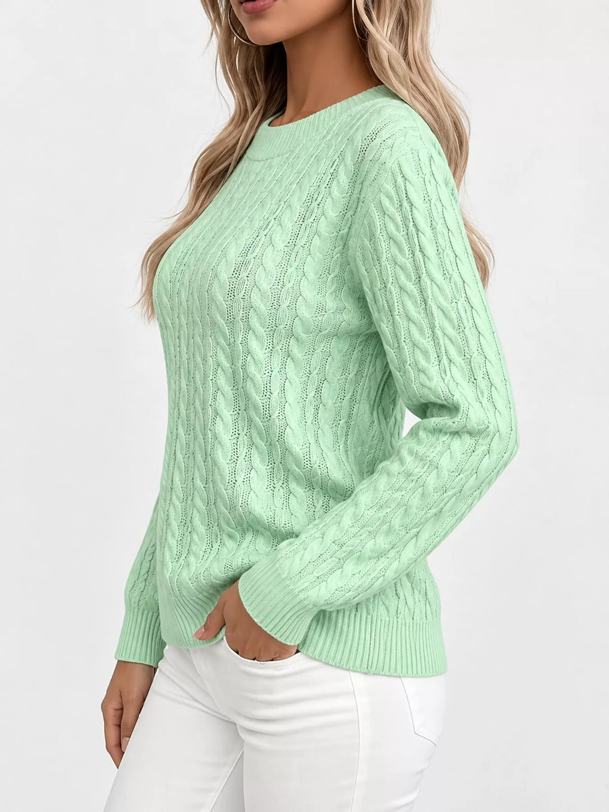 Full Size Cable Knit Round Neck Sweater Plus Size