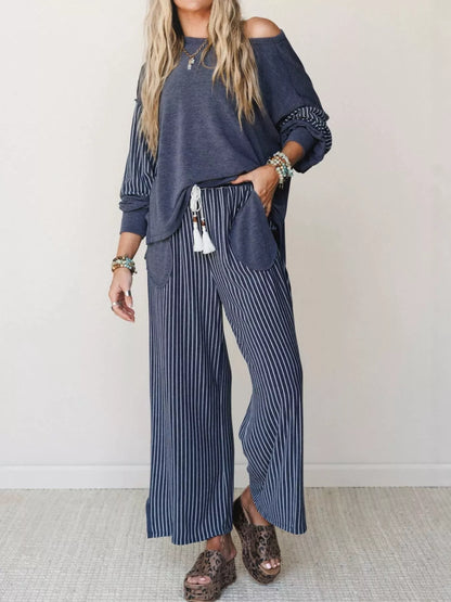 Striped Boat Neck Top and Wide-Leg Pants Set