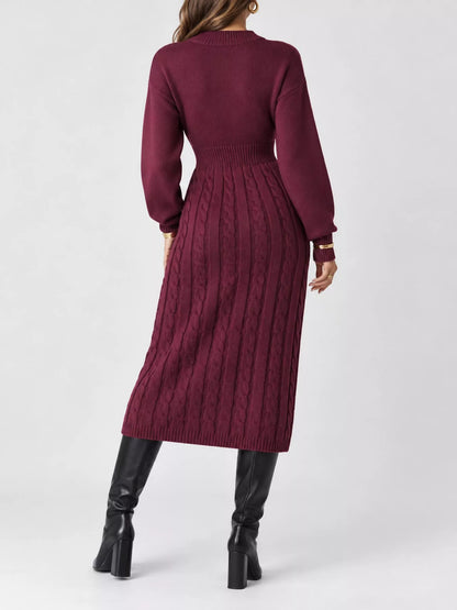 Full Size Mock Neck Cable Knit Sweater Dress with Front Slit Plus Size