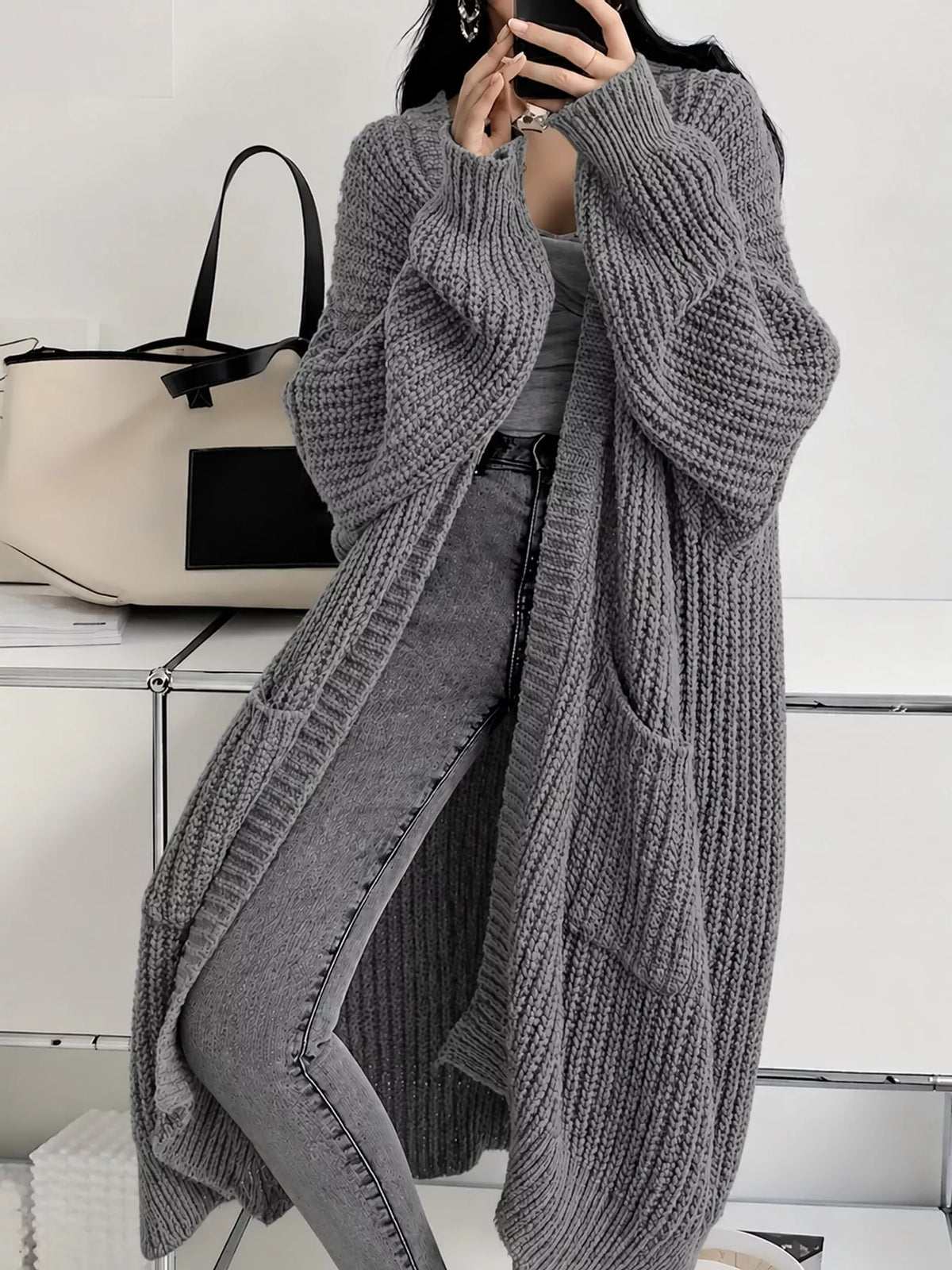 Full Size Chunky Knit Openwork Front Longline Cardigan Plus Size