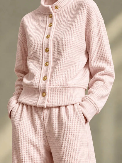 Waffle Knit Button-Up Outerwear and Wide-Leg Pants Set