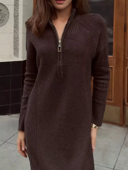 Half-Zip Ribbed Knit Sweater Dress