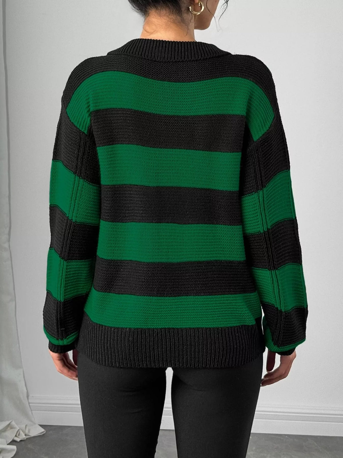 Striped Polo Collar Sweater with Floral Pocket Detail