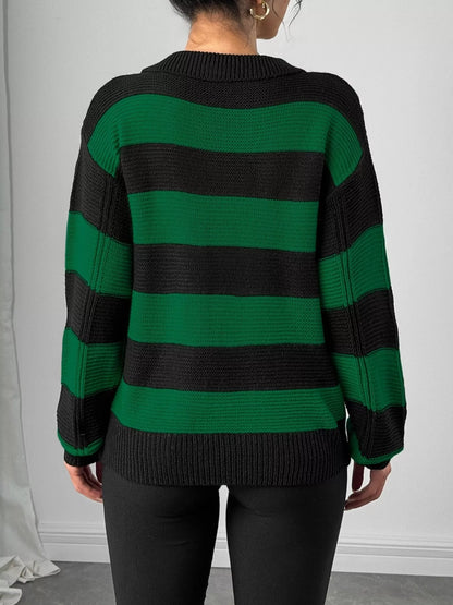 Striped Polo Collar Sweater with Floral Pocket Detail
