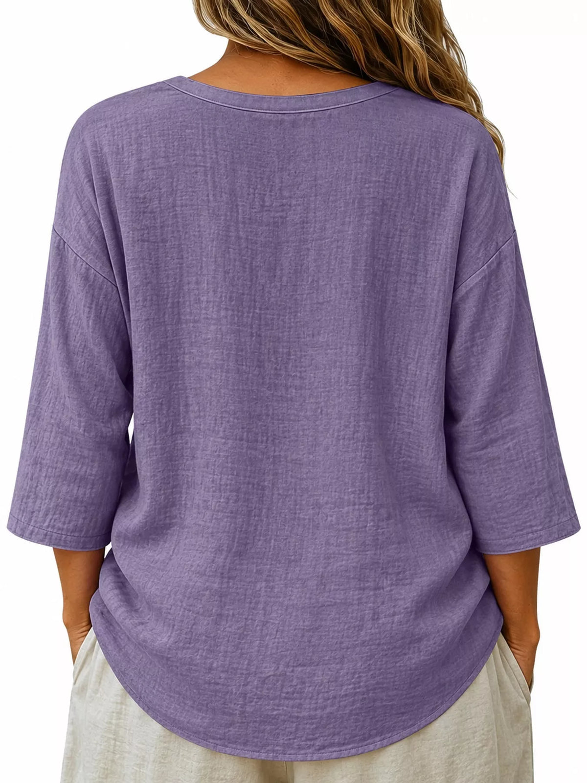 Full Size Button Detail Notched 3/4 Sleeve Blouse Plus Size