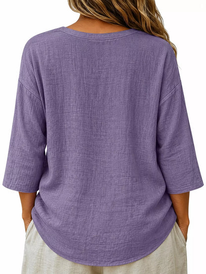 Full Size Button Detail Notched 3/4 Sleeve Blouse Plus Size