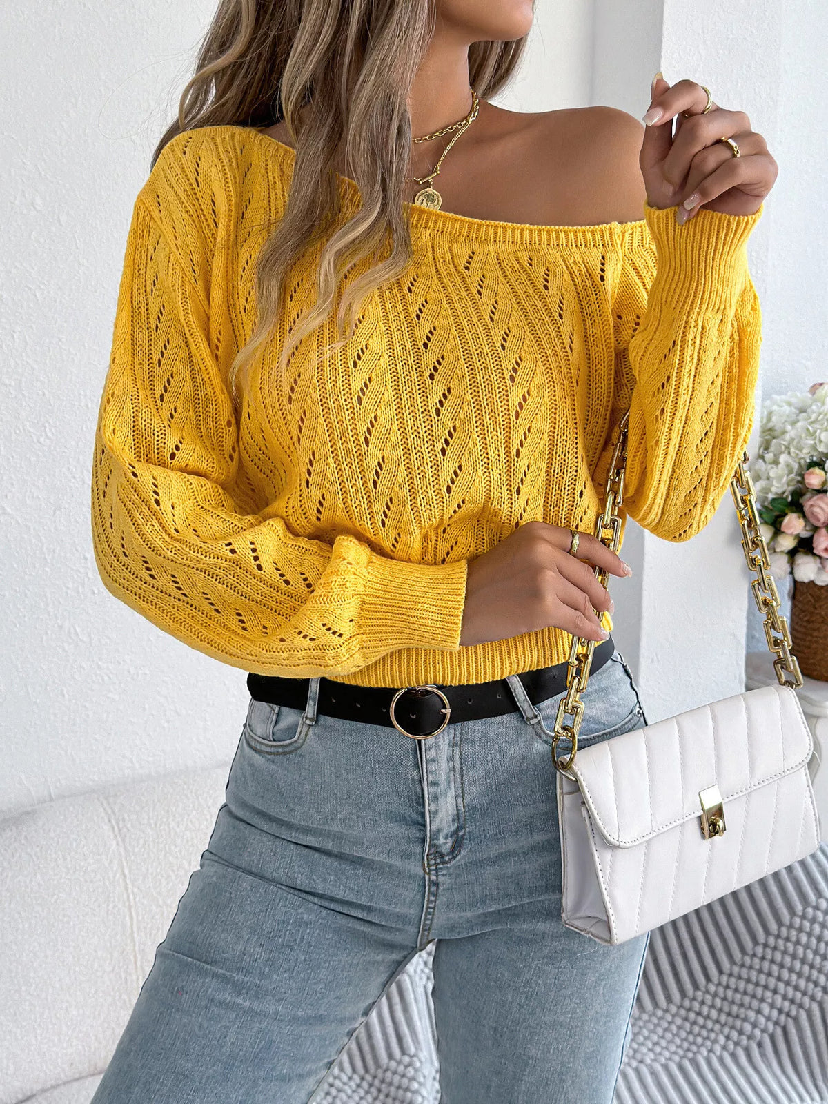 Openwork One Shoulder Sweater
