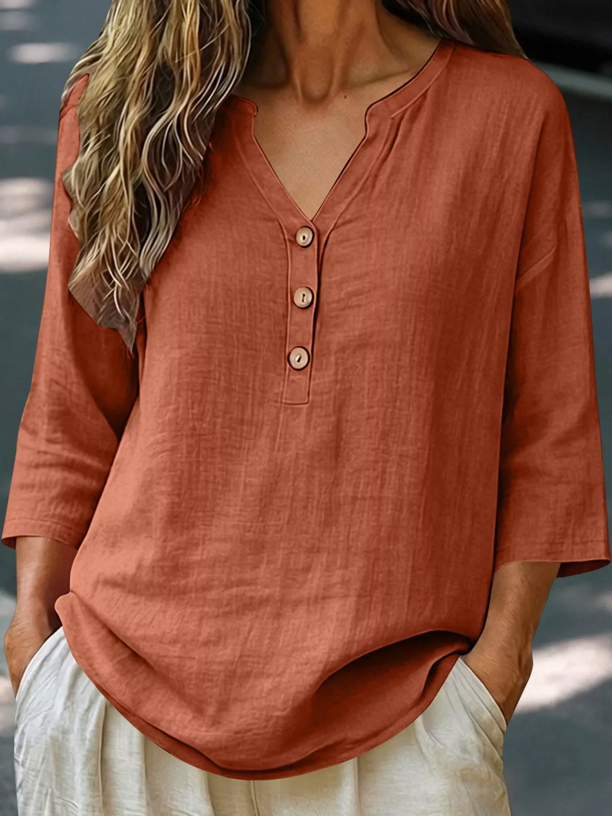 Full Size Button Detail Notched 3/4 Sleeve Blouse Plus Size