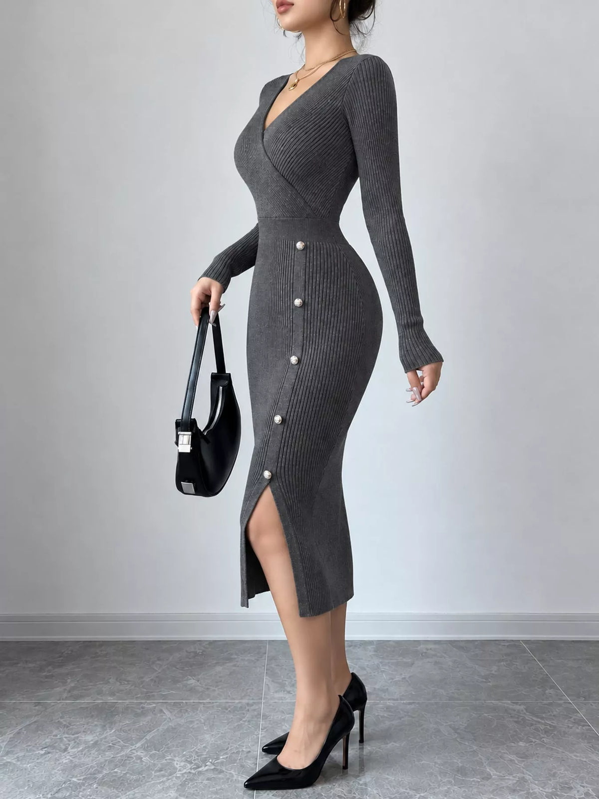 Decorative Button Ribbed Knit Sweater Dress