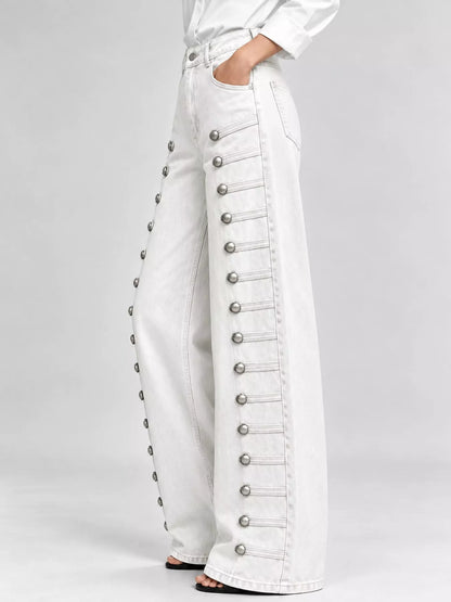 Decorative Button Wide-Leg Jeans