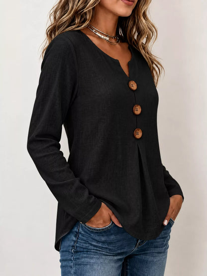 Full Size Long Sleeve Blouse with Decorative Wooden Buttons Plus Size