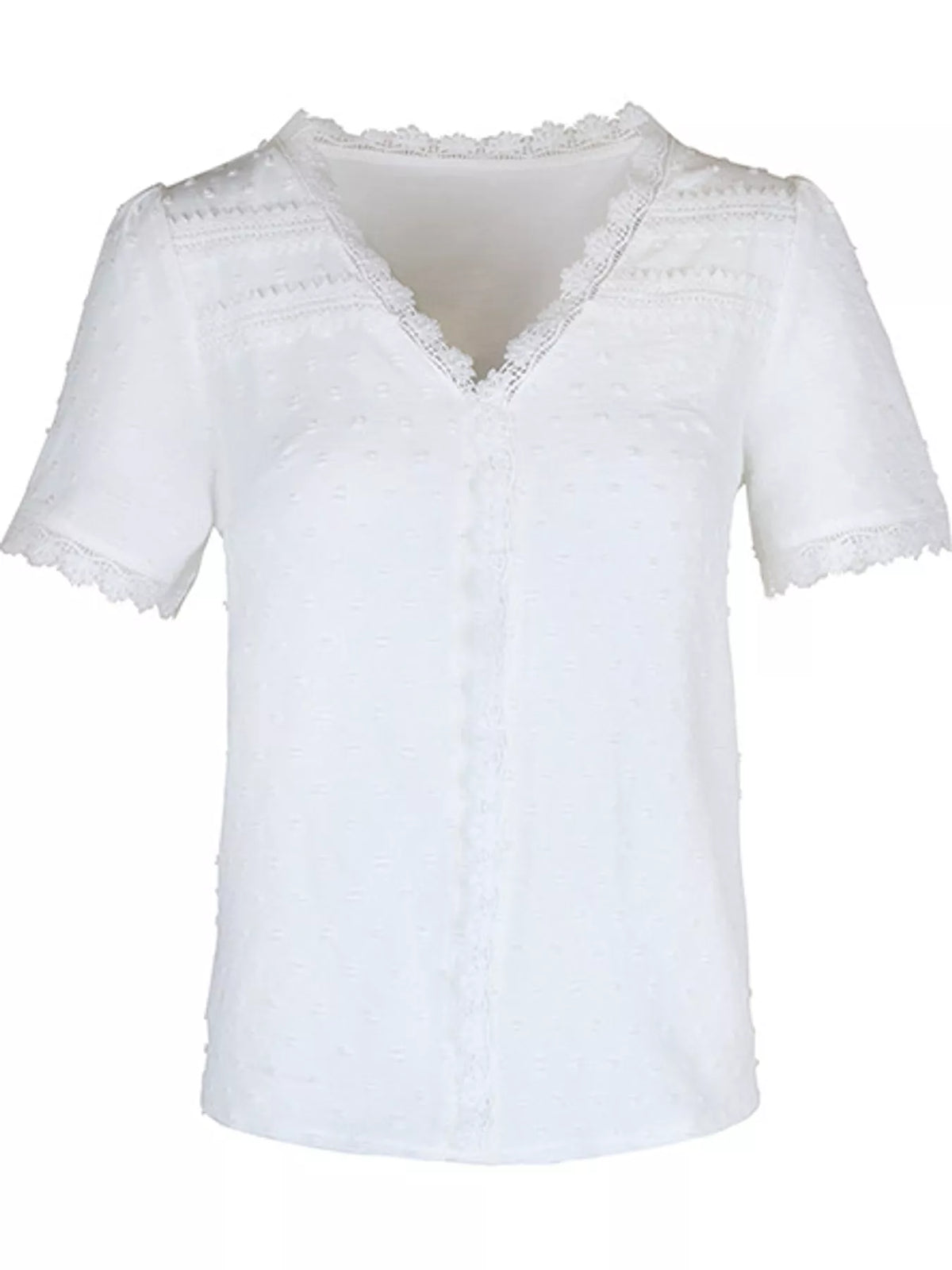 Elegant Swiss Dot V-Neck Blouse with Lace Trim