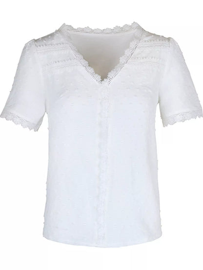 Elegant Swiss Dot V-Neck Blouse with Lace Trim