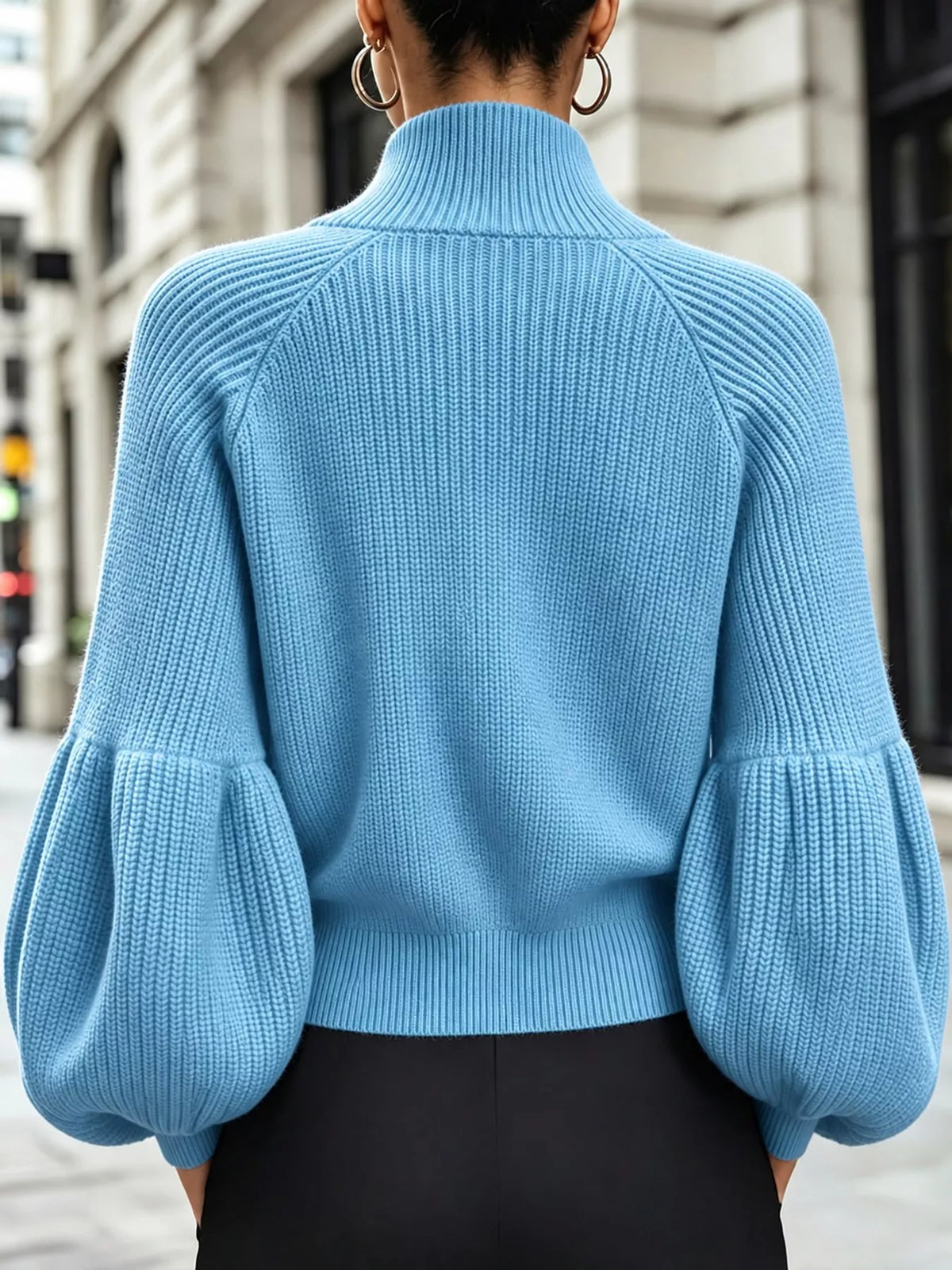Full Size Elegant Ribbed Knit Zip-Up Cardigan with Lantern Sleeves Plus Size