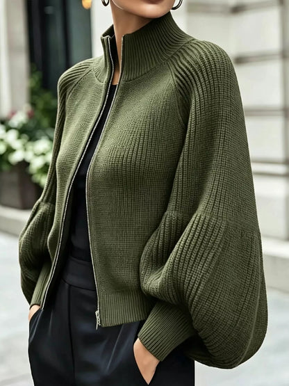 Full Size Elegant Ribbed Knit Zip-Up Cardigan with Lantern Sleeves Plus Size