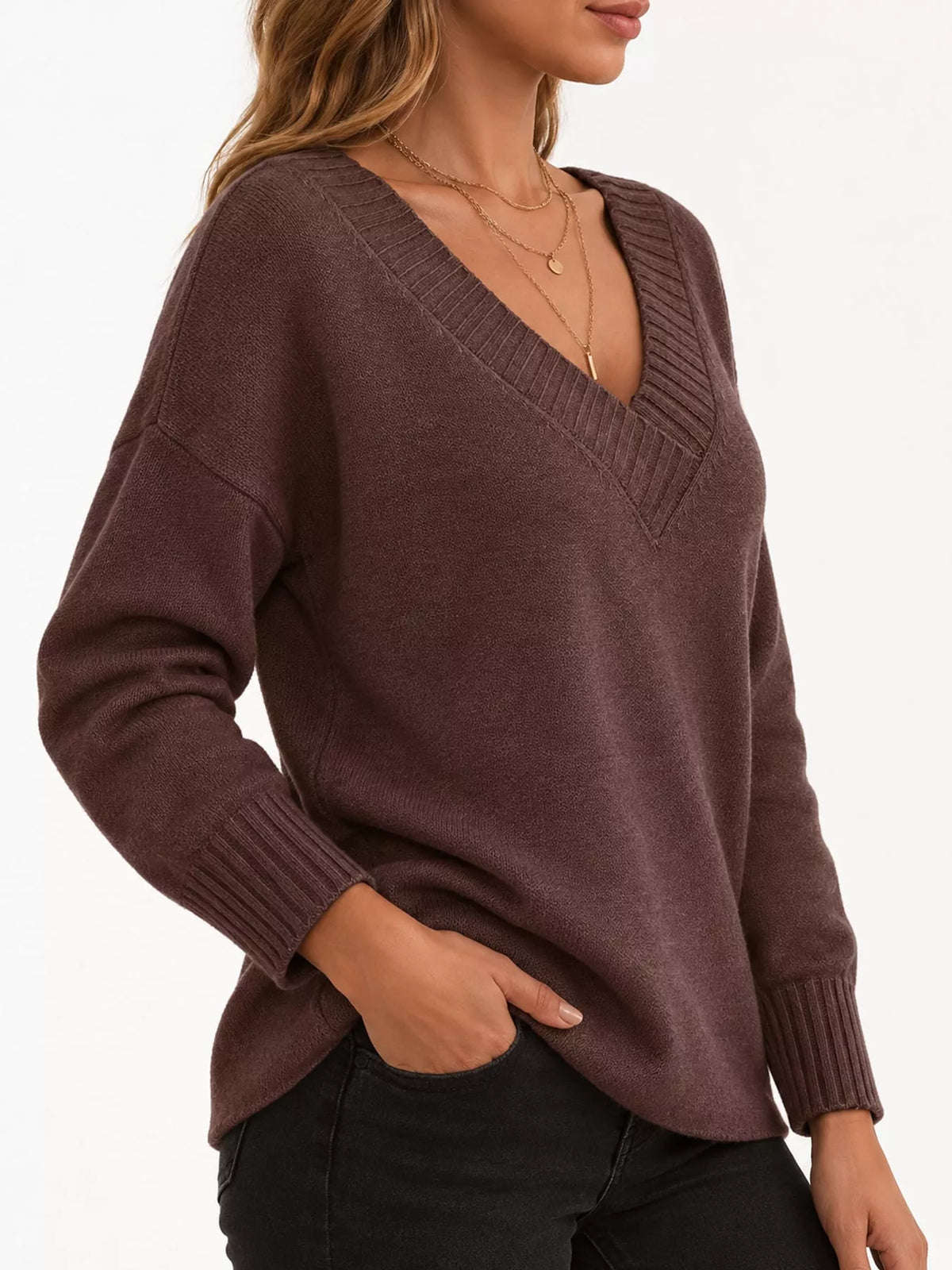Full Size V-Neck Dropped Shoulder Sweater Plus Size