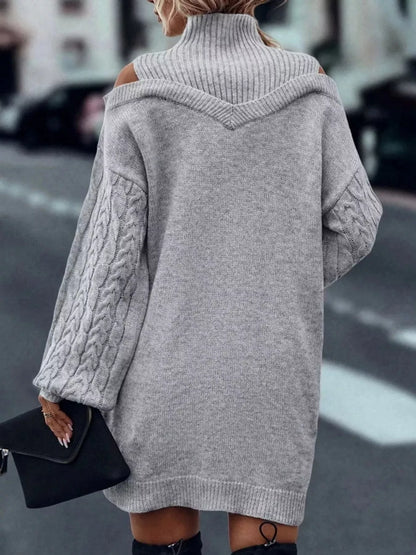 Cold Shoulder Cable Knit Mock Neck Sweater Dress