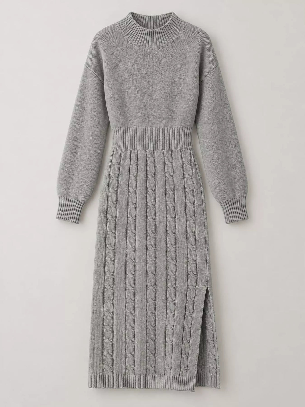 Full Size Mock Neck Cable Knit Sweater Dress with Front Slit Plus Size