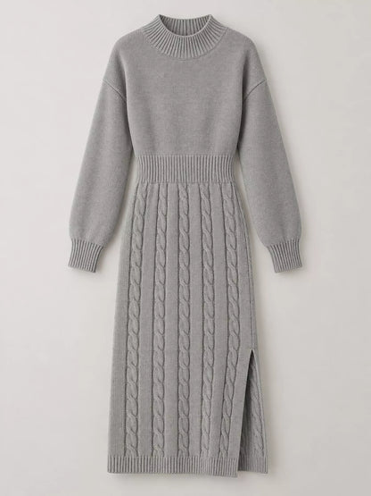 Full Size Mock Neck Cable Knit Sweater Dress with Front Slit Plus Size