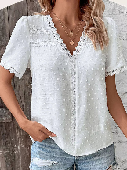 Elegant Swiss Dot V-Neck Blouse with Lace Trim