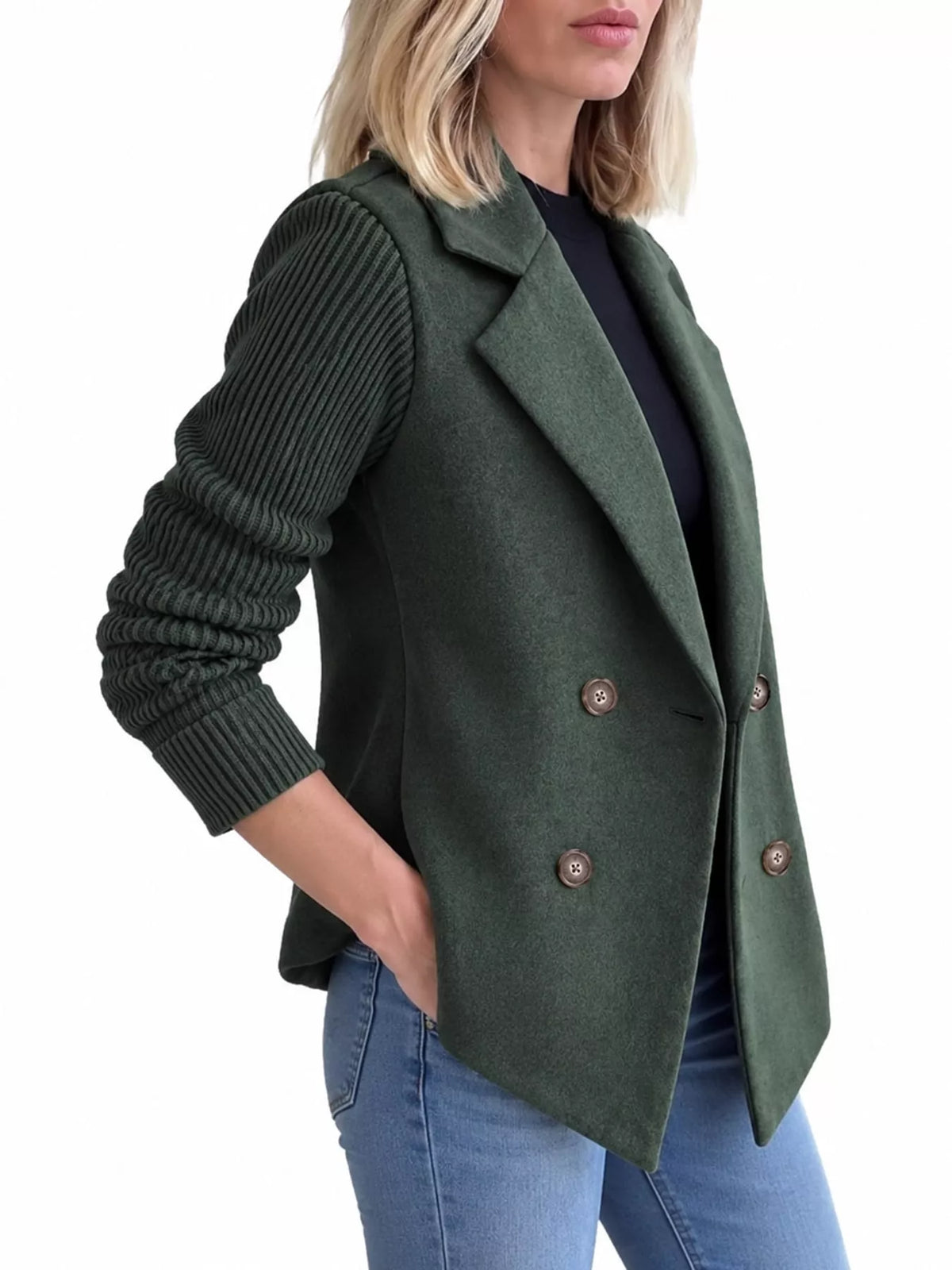 Full Size Double-Breasted Hybrid Blazer with Ribbed Knit Sleeves Plus Size