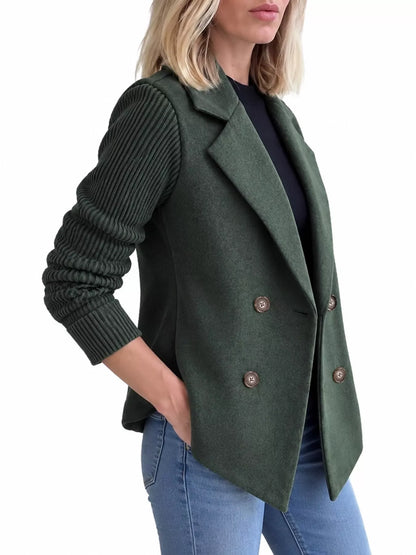 Full Size Double-Breasted Hybrid Blazer with Ribbed Knit Sleeves Plus Size