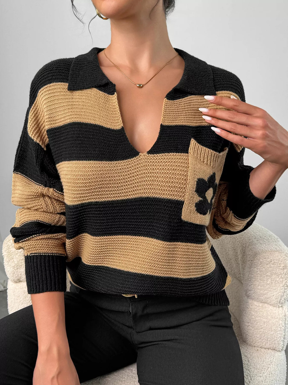 Striped Polo Collar Sweater with Floral Pocket Detail