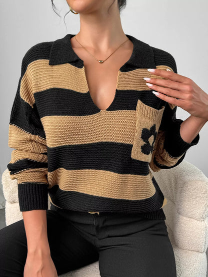 Striped Polo Collar Sweater with Floral Pocket Detail