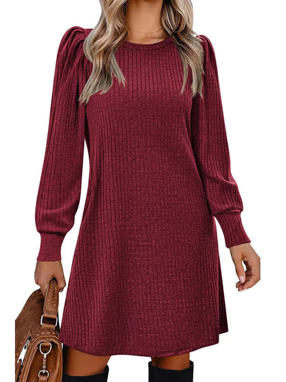Puff Sleeve Ribbed Knit Dress with Pockets