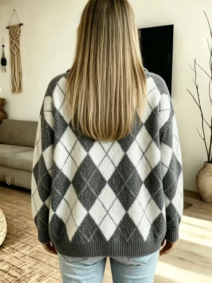 Argyle Pattern Polo Collar Sweater