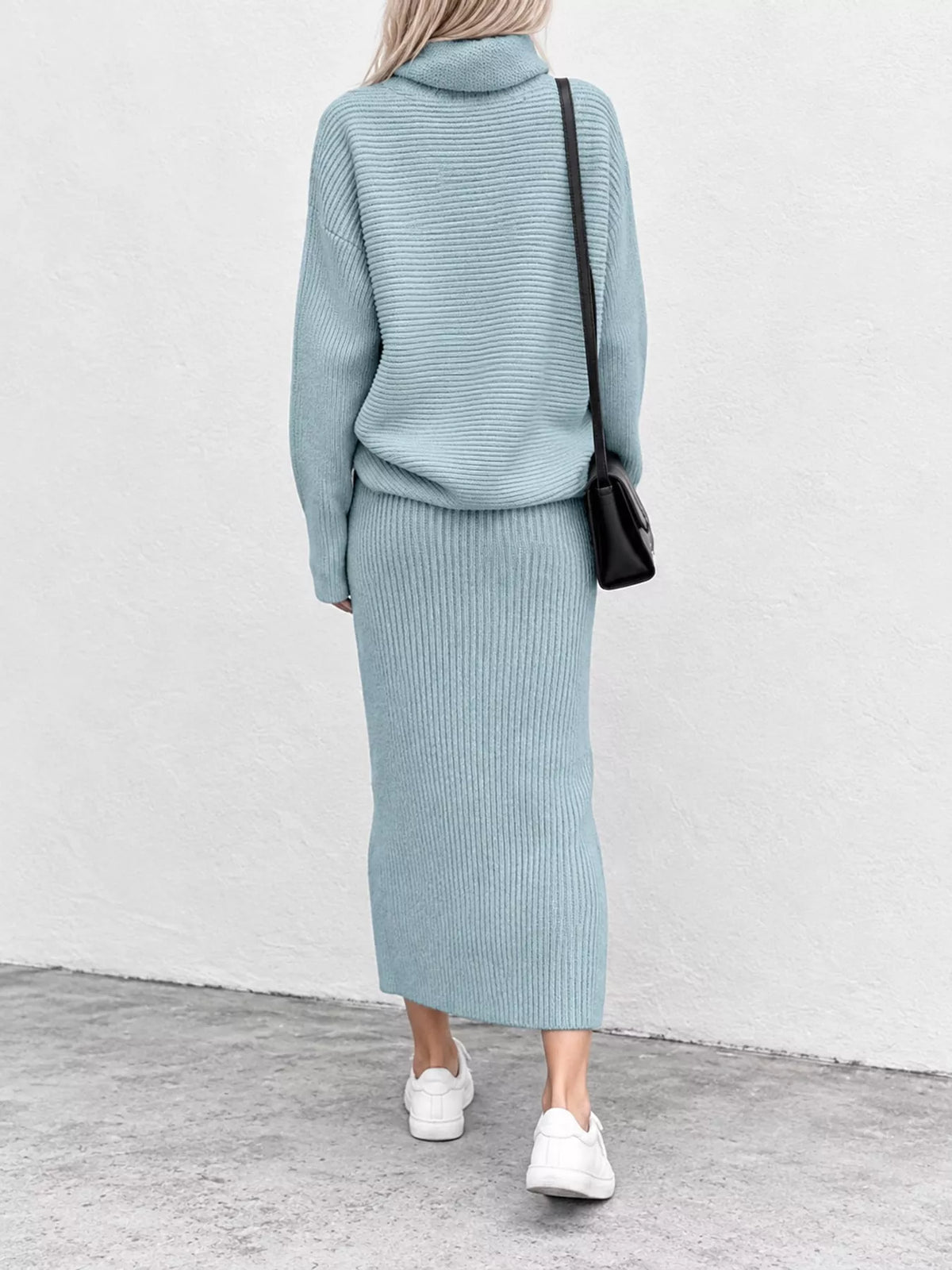 Ribbed Turtleneck Sweater Set with Matching Midi Skirt