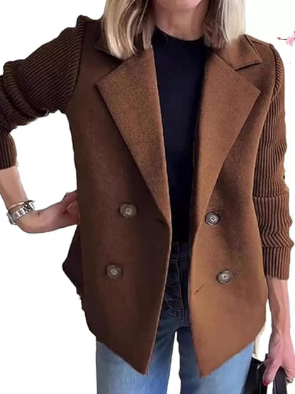 Full Size Double-Breasted Hybrid Blazer with Ribbed Knit Sleeves Plus Size