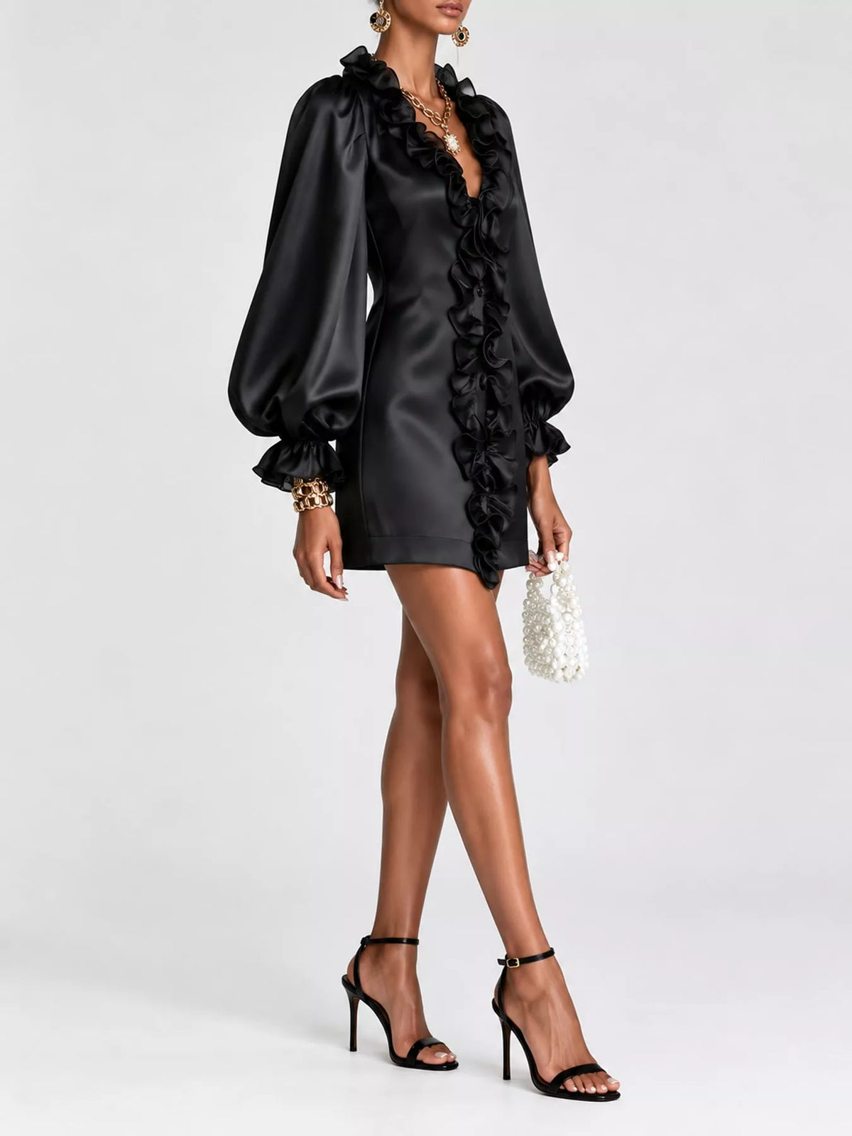 Ruffle Trim Puff Sleeve Mini Dress