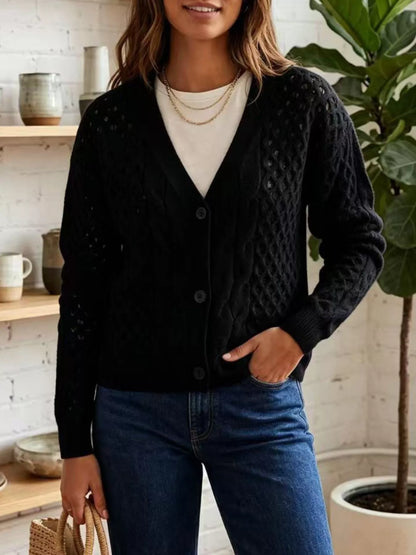 Cable-Knit V-Neck Button-Down Cardigan