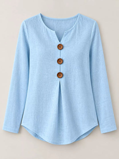 Full Size Long Sleeve Blouse with Decorative Wooden Buttons Plus Size