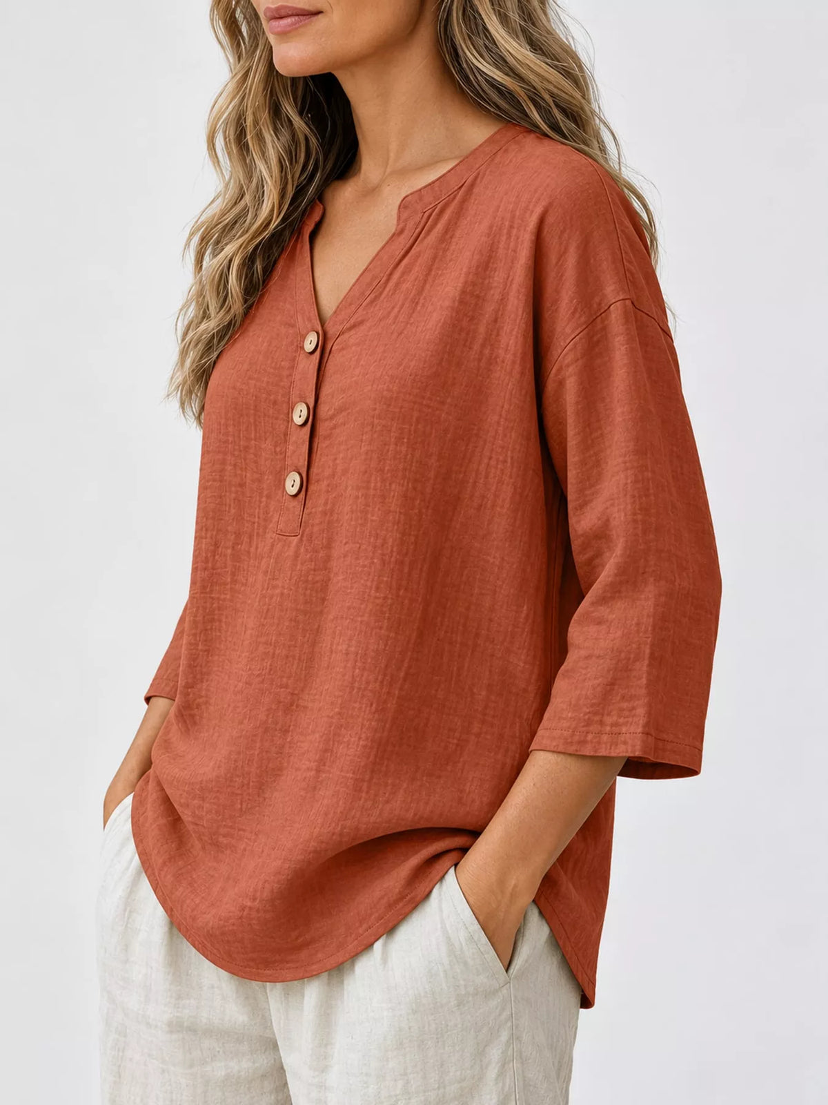 Full Size Button Detail Notched 3/4 Sleeve Blouse Plus Size