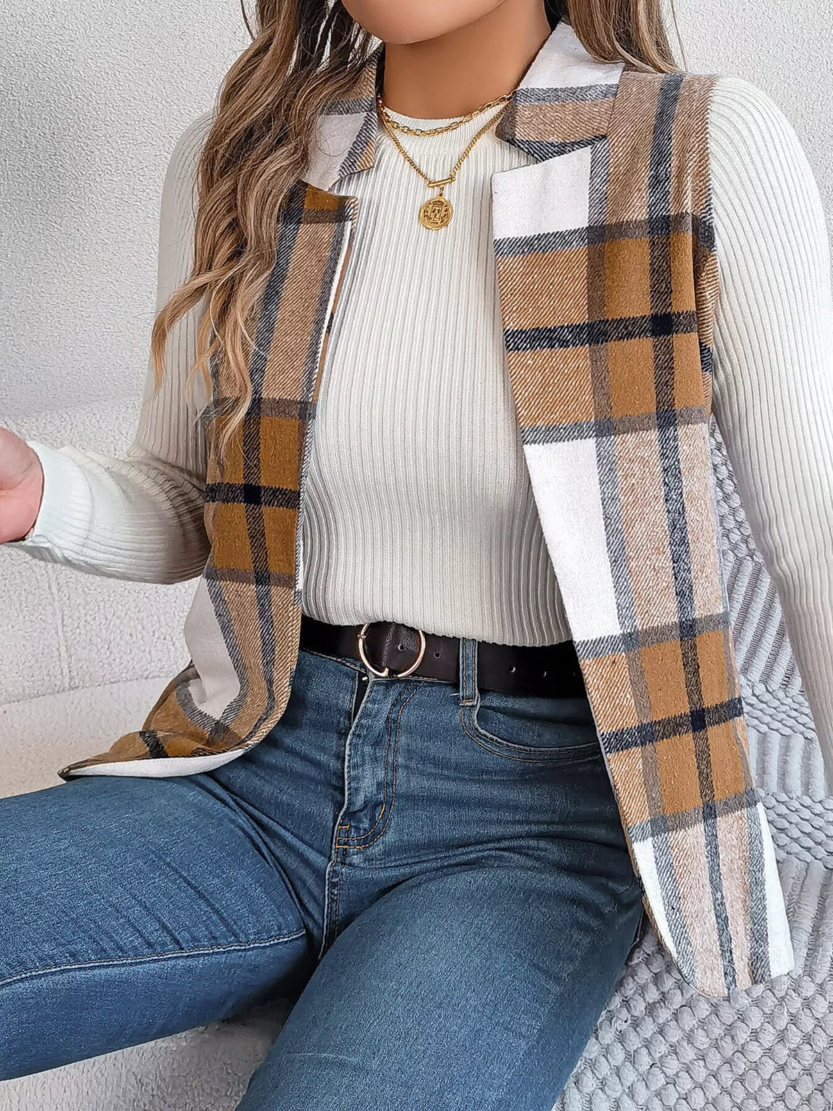 Plaid Open Front Vest