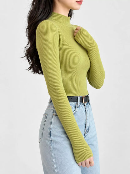Elegant Slim-Fit Ribbed Mock Neck Knit Top