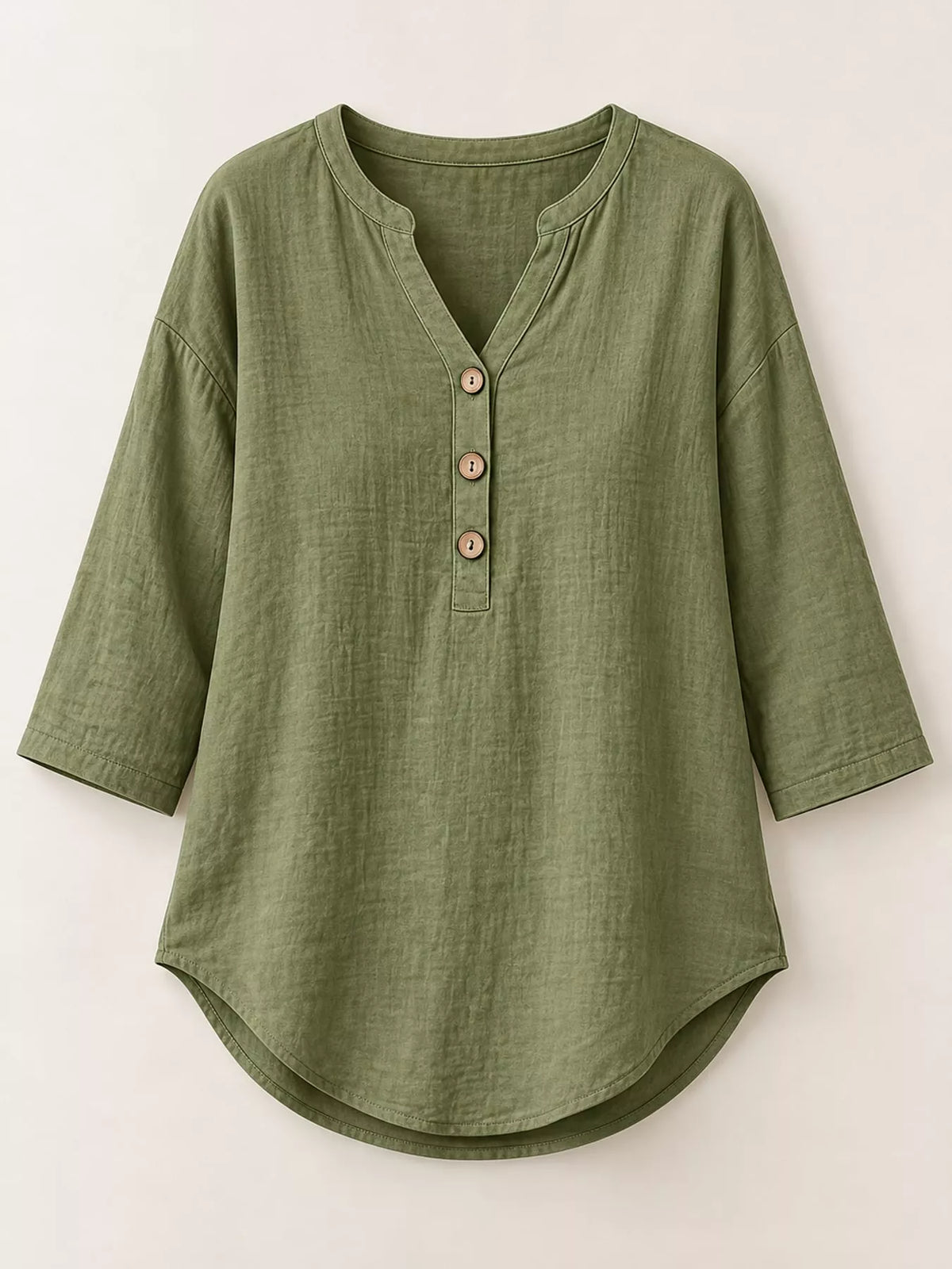 Full Size Button Detail Notched 3/4 Sleeve Blouse Plus Size