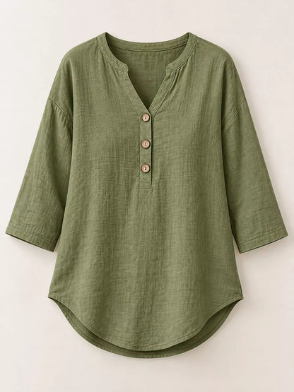 Full Size Button Detail Notched 3/4 Sleeve Blouse Plus Size